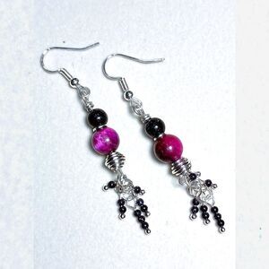 Magical Magenta Tiger Eye & Sparkly Goldstone Handcrafted Silver-Toned Earrings